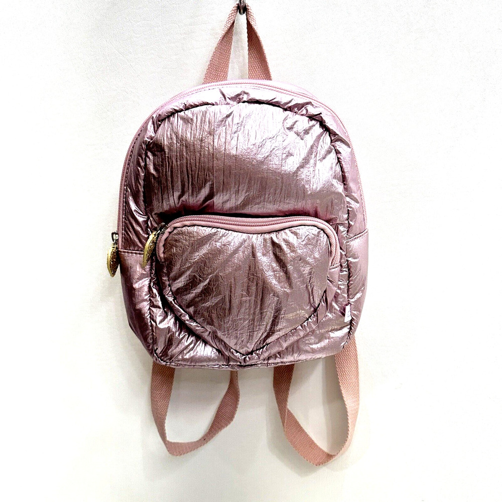 More Than Magic Backpack Kids Pale Pink Iridescent Metallic Heart Pocket Straps